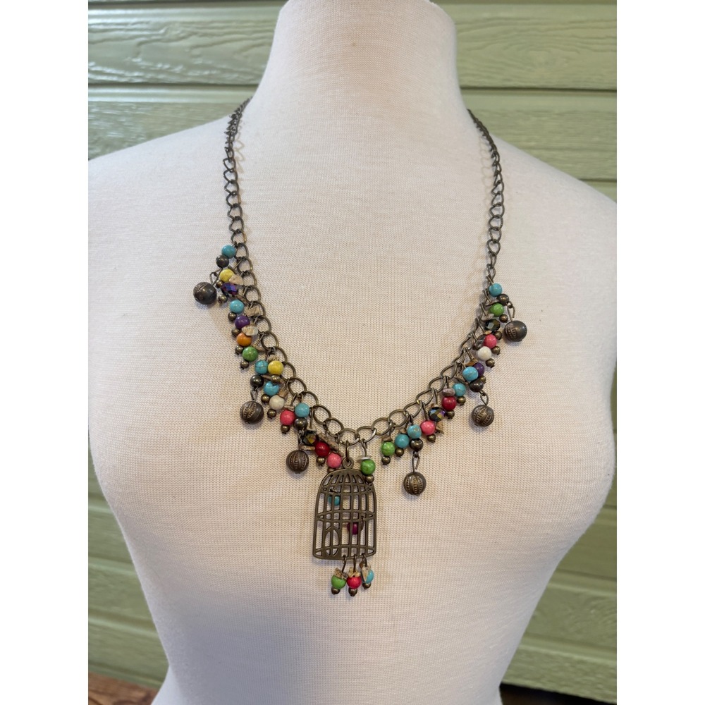 Vintage Gold Tone Long Chain Multi Color Beaded Necklace Bird Cage Pendant 30"